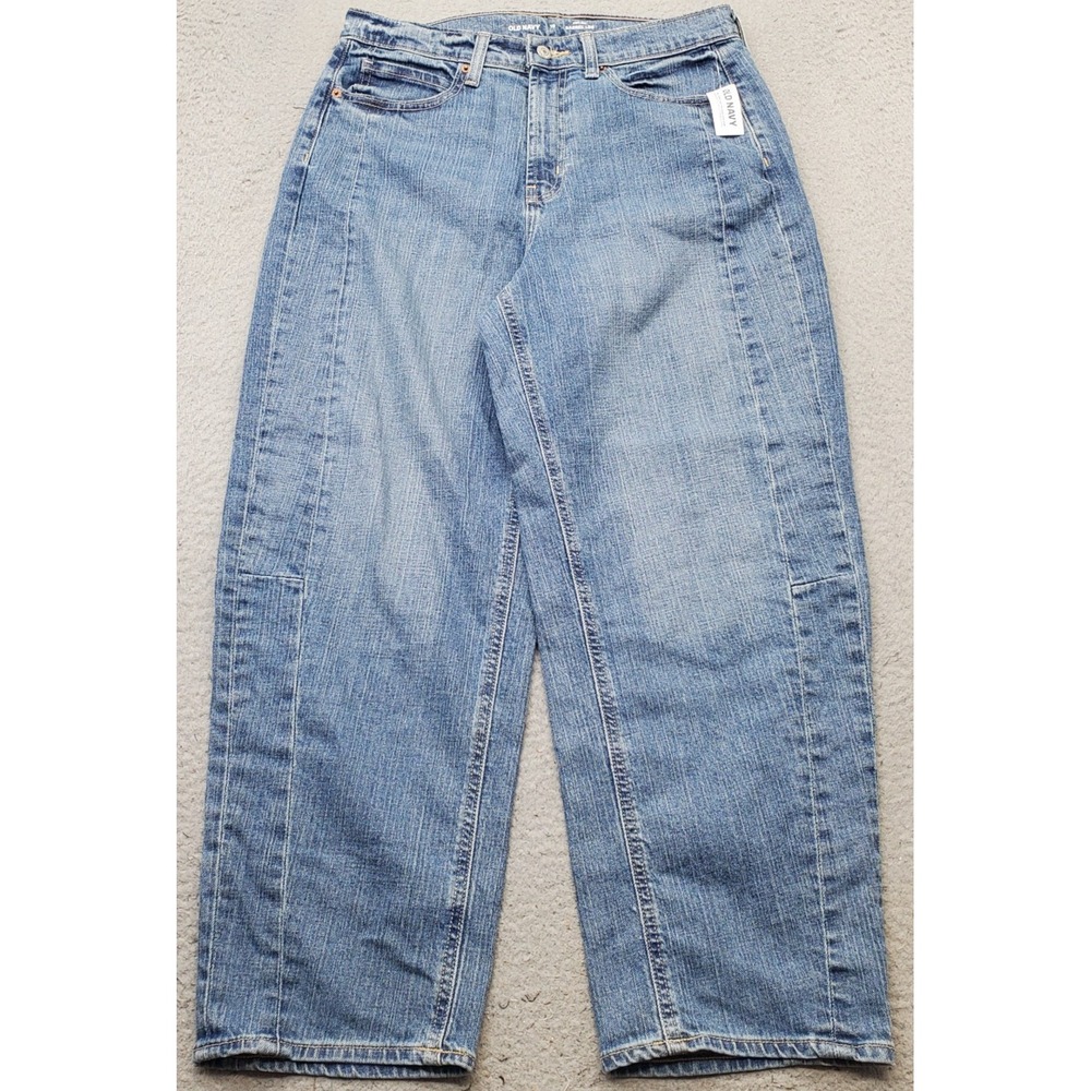 Old Navy Jeans Women 10 Blue Denim Faded Stretch High Rise Barrel Leg Streetwear
